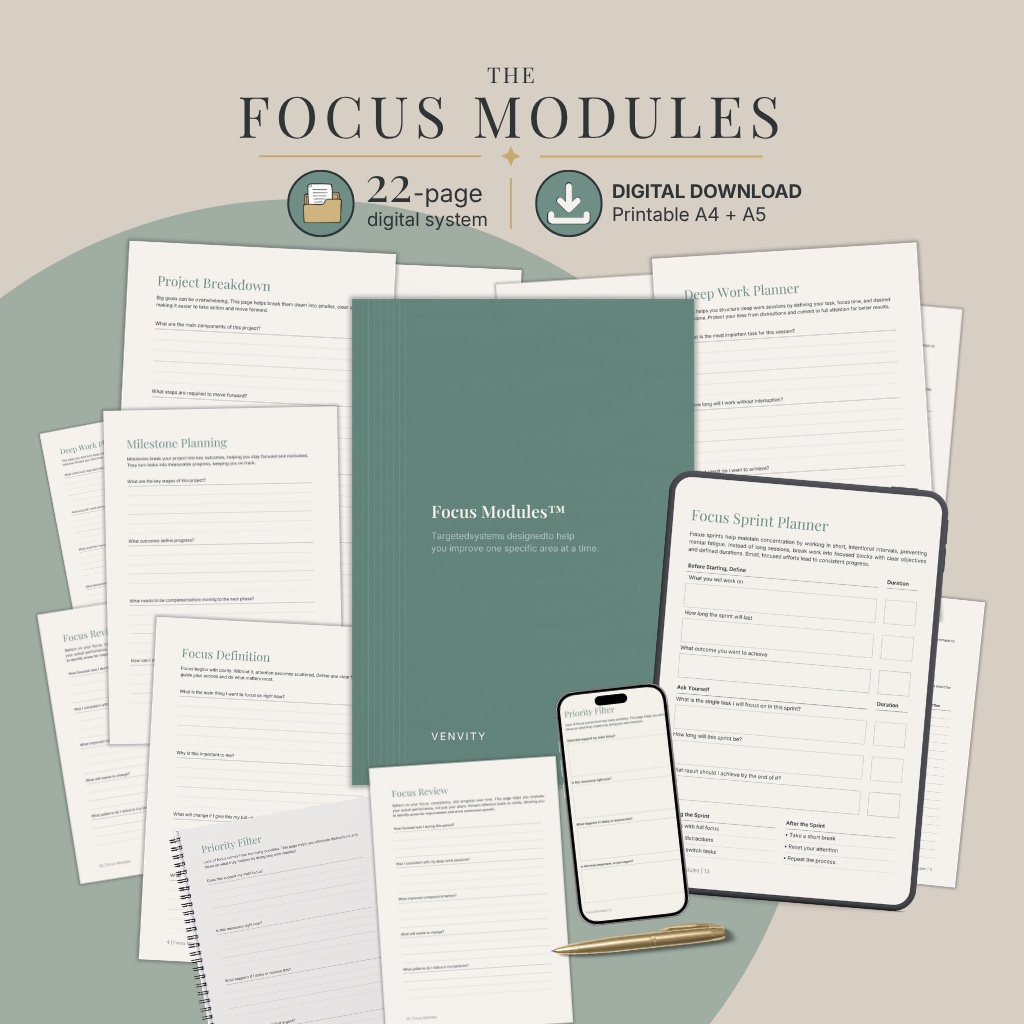 Focus Modules — 22-page digital system flat lay, cover, tablet, phone, pen, and printed pages