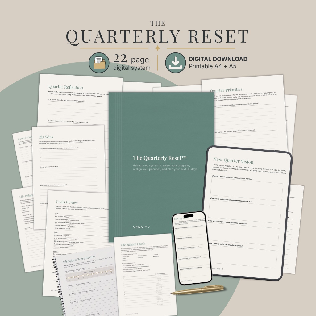 The Quarterly Reset — 22-page digital system flat lay, cover, tablet, phone, pen, and printed pages